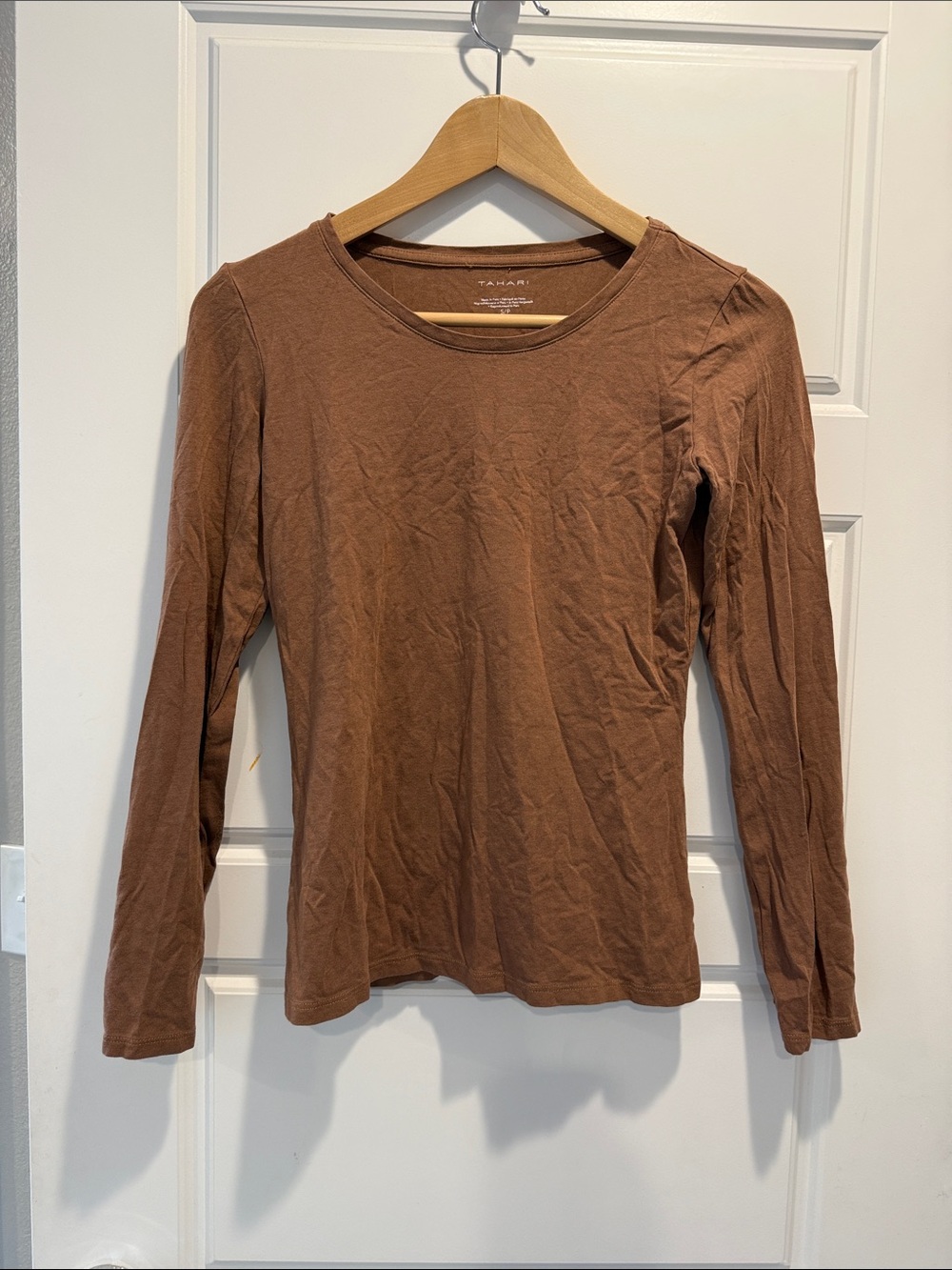 Tahari Brown Long-Sleeve Crewneck Top